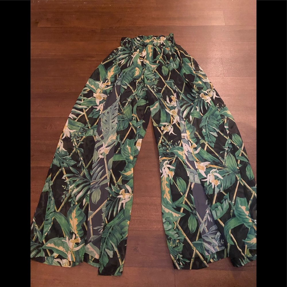 asos Green Palm Tree Sheer Swimsuit cover up pants and top